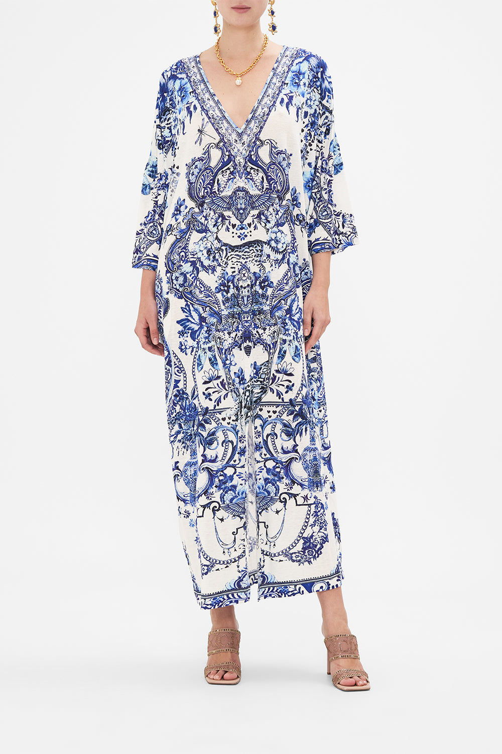 Front view of model wearing CAMILLA jersey kaftan in Glaze and Graze print