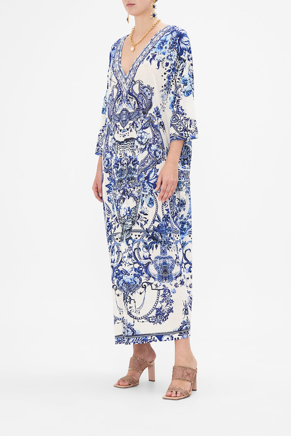 Side view of model wearing CAMILLA jersey kaftan in Glaze and Graze print