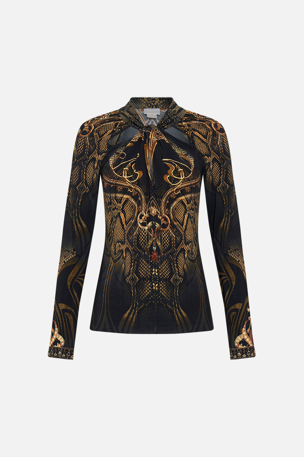 CAMILLA jersey cut out top in Nouveau Noir print