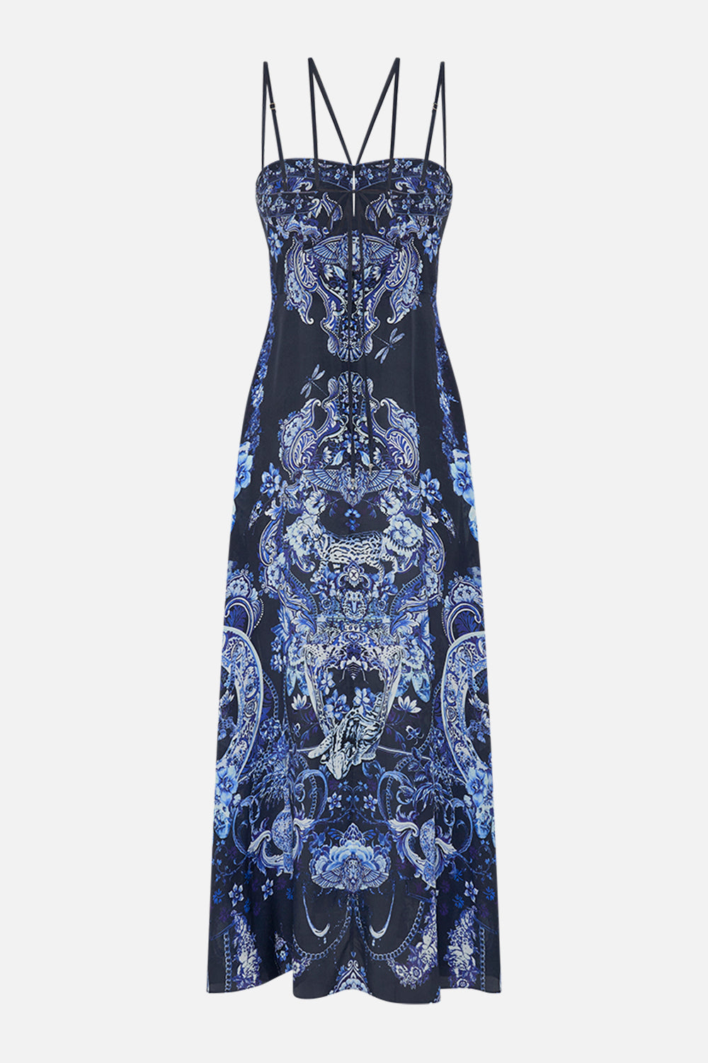 Back view CAMILLA silk dress in Delft Dynasty print