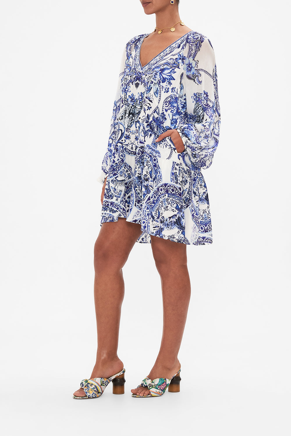 Side view of model wearing CAMILLA silk dress in Glaze and Graze print