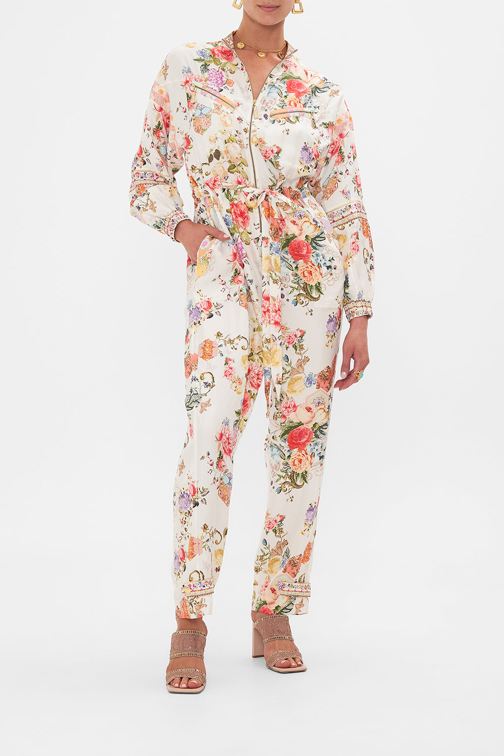 CAMILLA floral layered long sarong with front tie in Stitched in Time print.