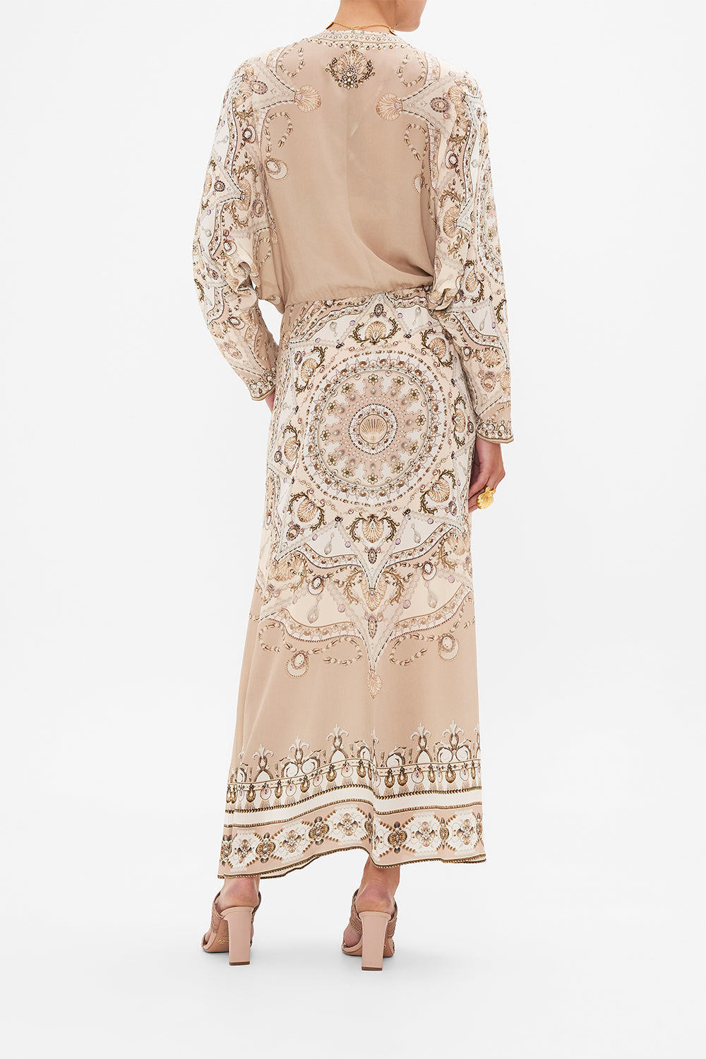 CAMILLA Blush Twist Front Batwing Dress in Grotto Goddess print
