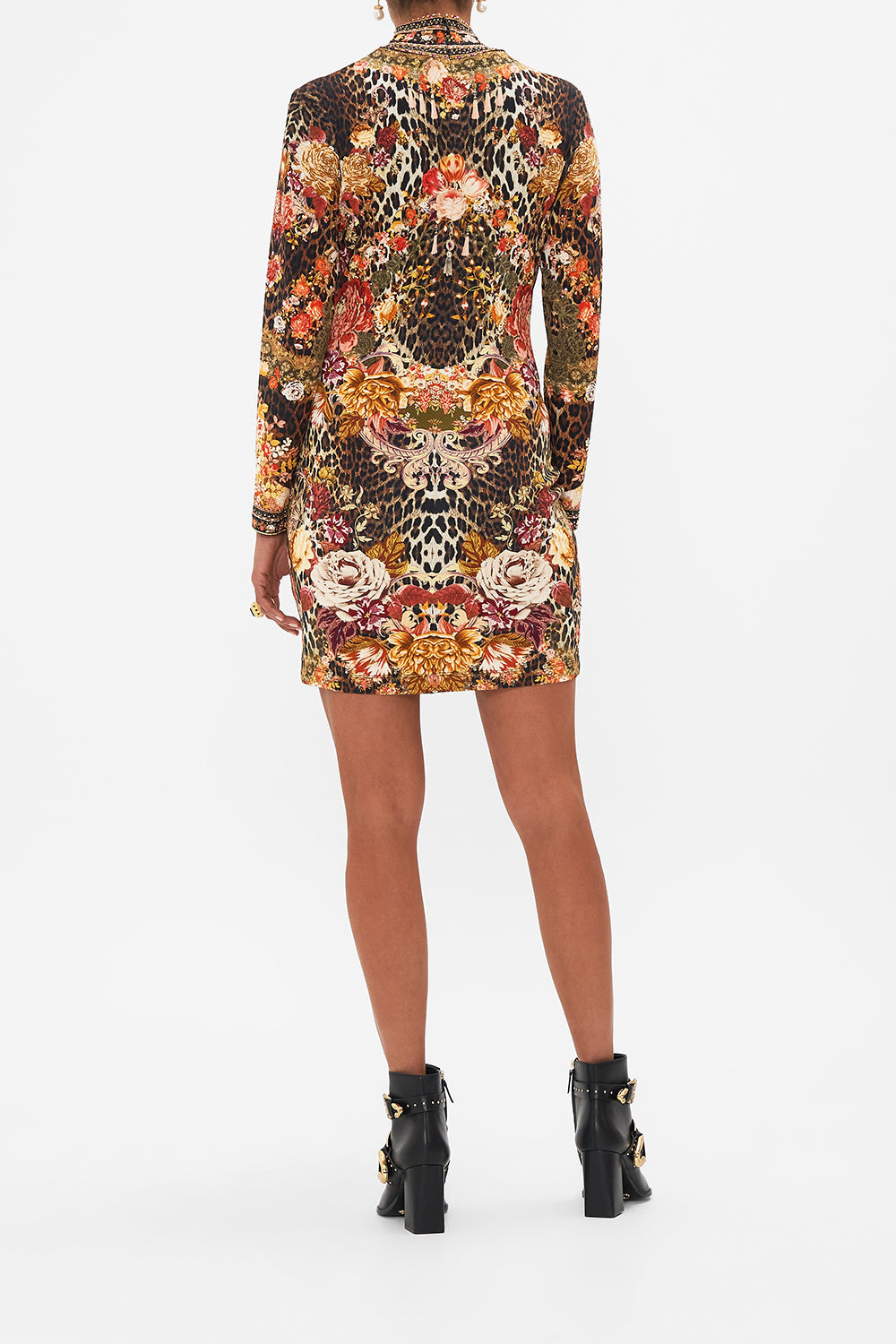 CAMILLA leopard long sleeve fitted mini dress in Born In Bruges print.