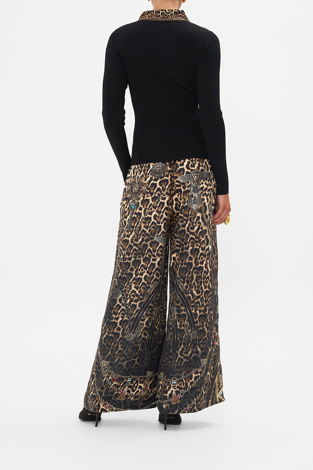 CAMILLA Black Fitted Knit Top with Silk Collar in Amsterglam print