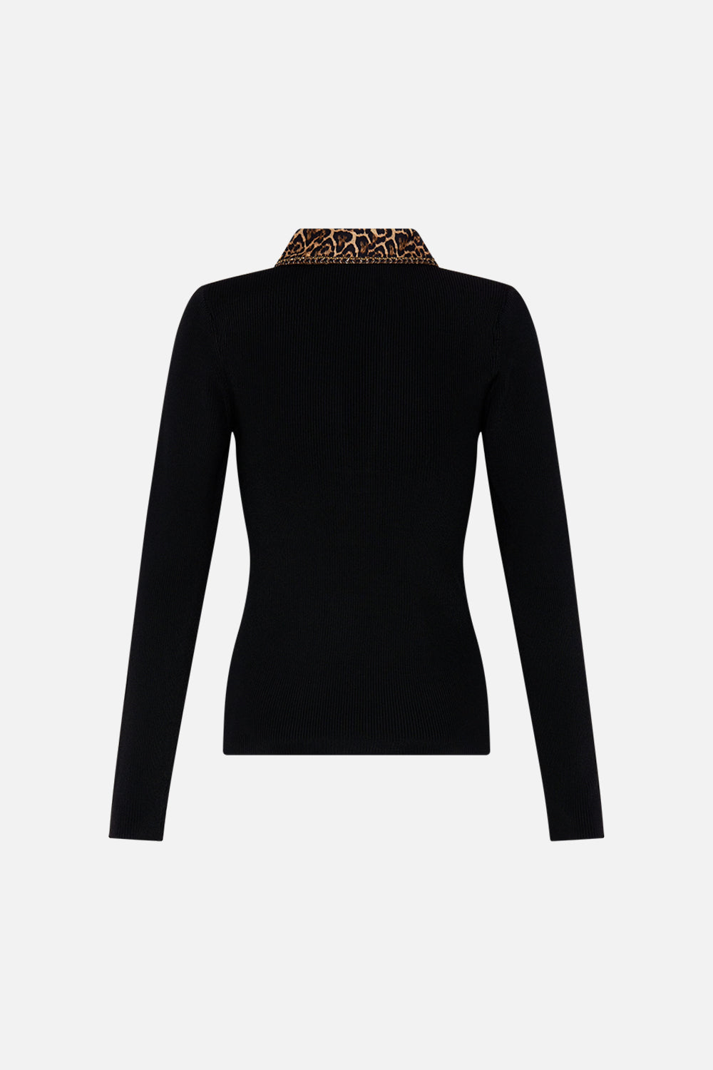 CAMILLA Black Fitted Knit Top with Silk Collar in Amsterglam print