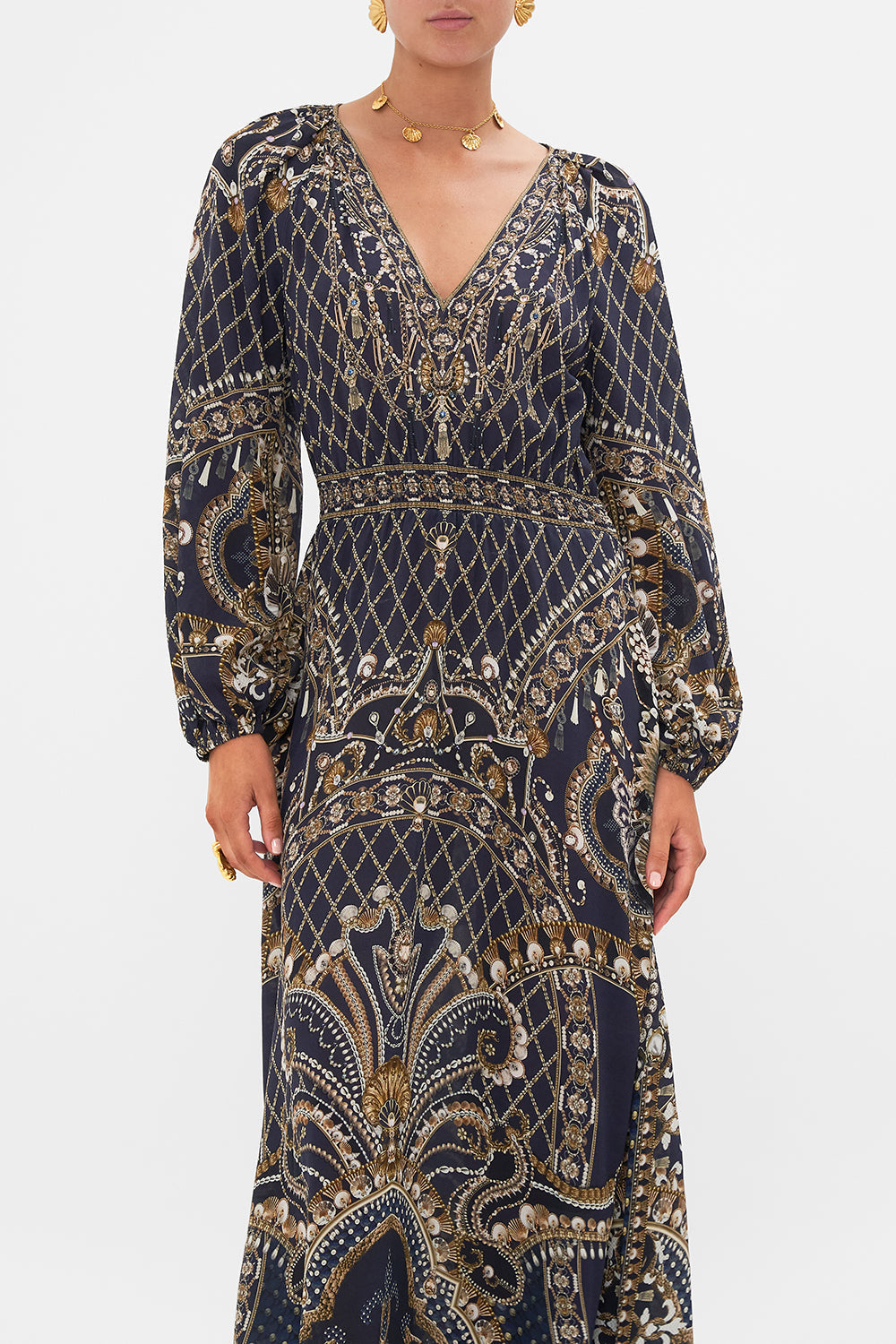 CAMILLA Gold Raglan Shirred Waist Dress in Dance with the Duke print