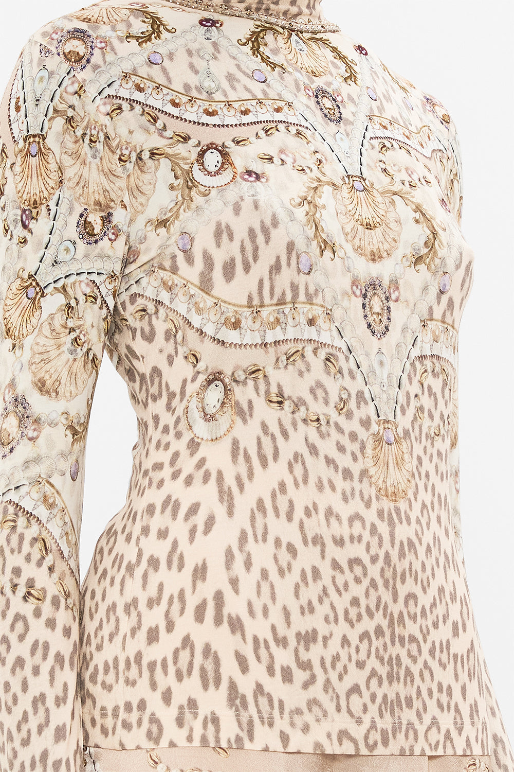 CAMILLA blush jersey turtleneck in Grotto Goddess print.