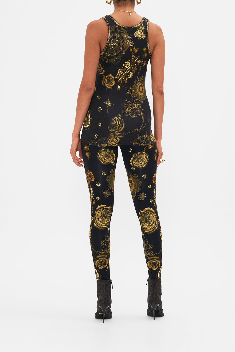 CAMILLA black jersey scoop neck tank top in So Says The Oracle print.