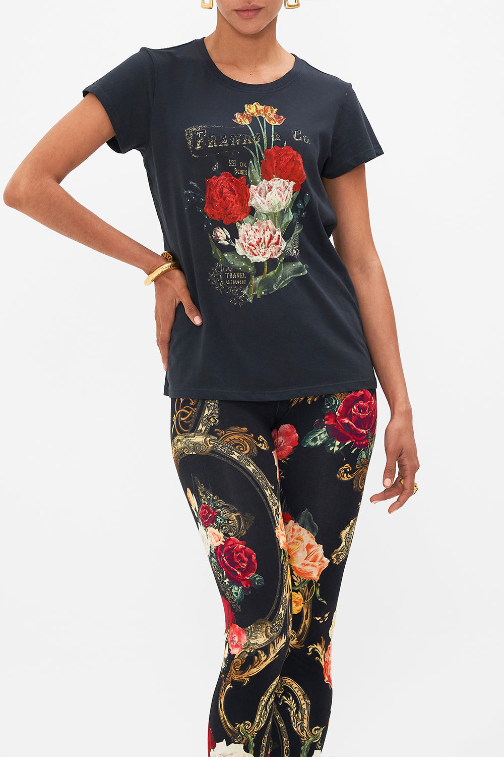 CAMILLA Black Slim Fit Round Neck T-Shirt in Magic in the Manuscripts print