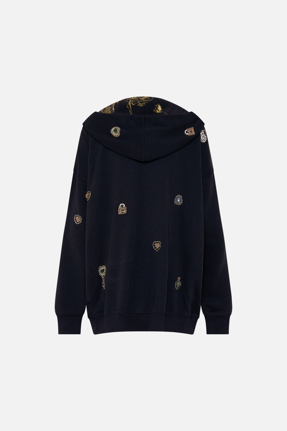 CAMILLA black oversized embellished boyfriend hoodie in Amsterglam print.
