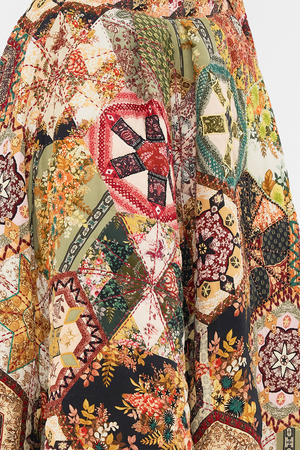 CAMILLA Black Reversible Embroidered Quilted Wrap Skirt in Stitched in Time print