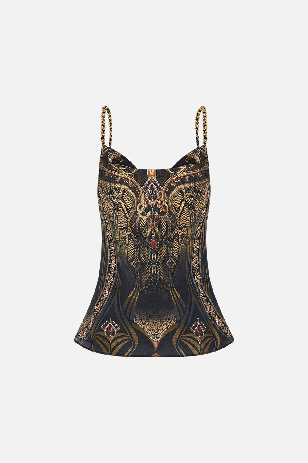 CAMILLA bias silk cami in Nouveau Noir print