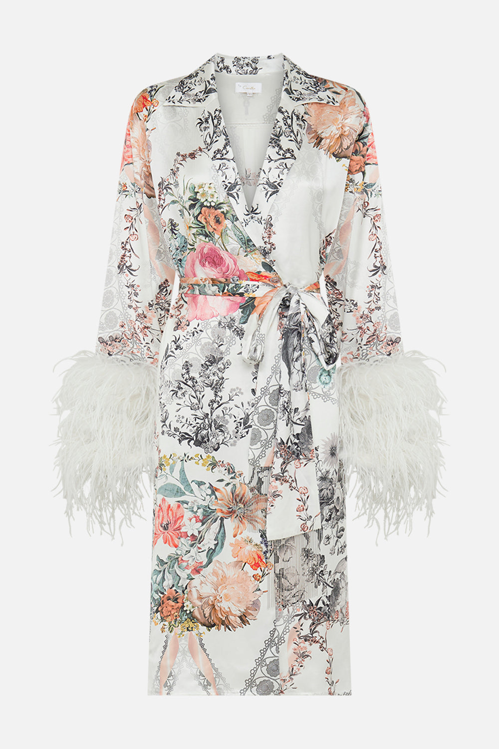 CAMILLA white silk coat with feathers in De Hhaar Memoirs print