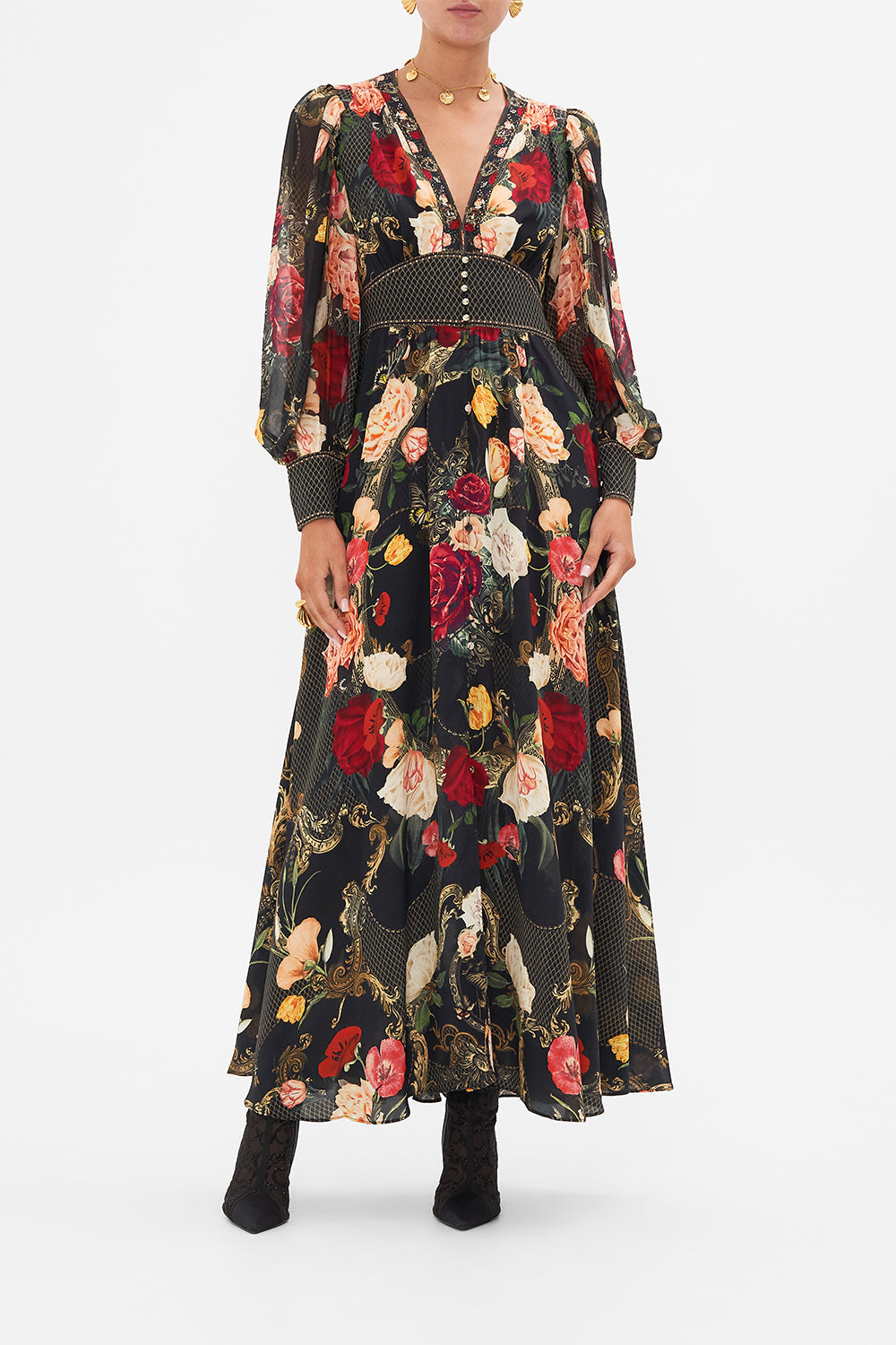 CAMILLA Black Shaped Waistband Dress with Gathered Sleeves in Magic in the Manuscripts