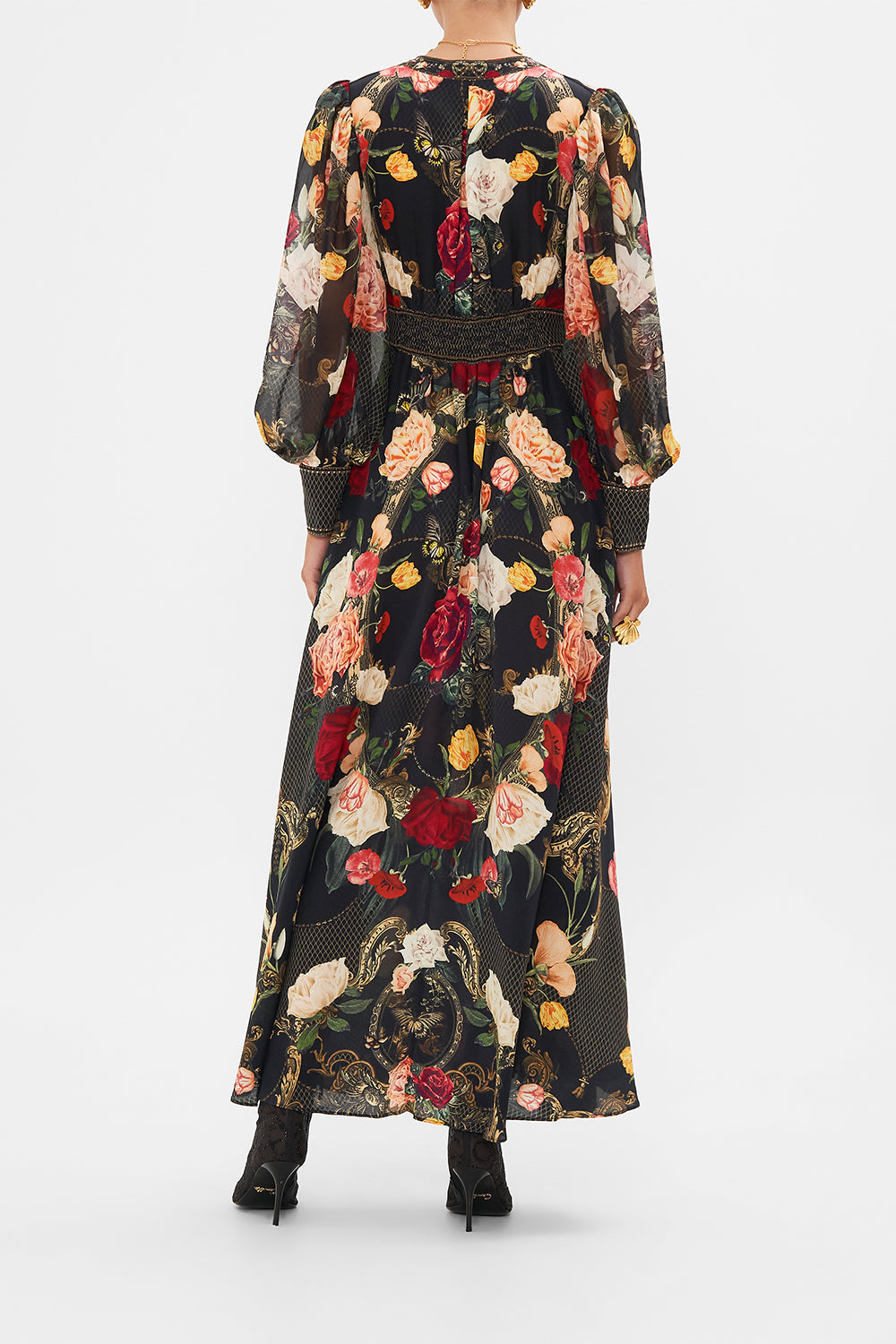 CAMILLA Black Shaped Waistband Dress with Gathered Sleeves in Magic in the Manuscripts