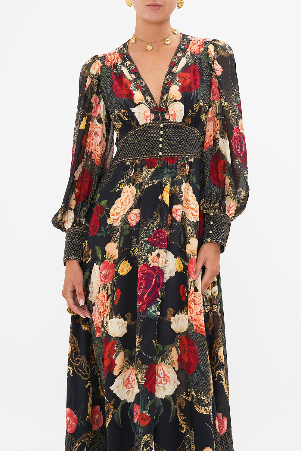 CAMILLA Black Shaped Waistband Dress with Gathered Sleeves in Magic in the Manuscripts
