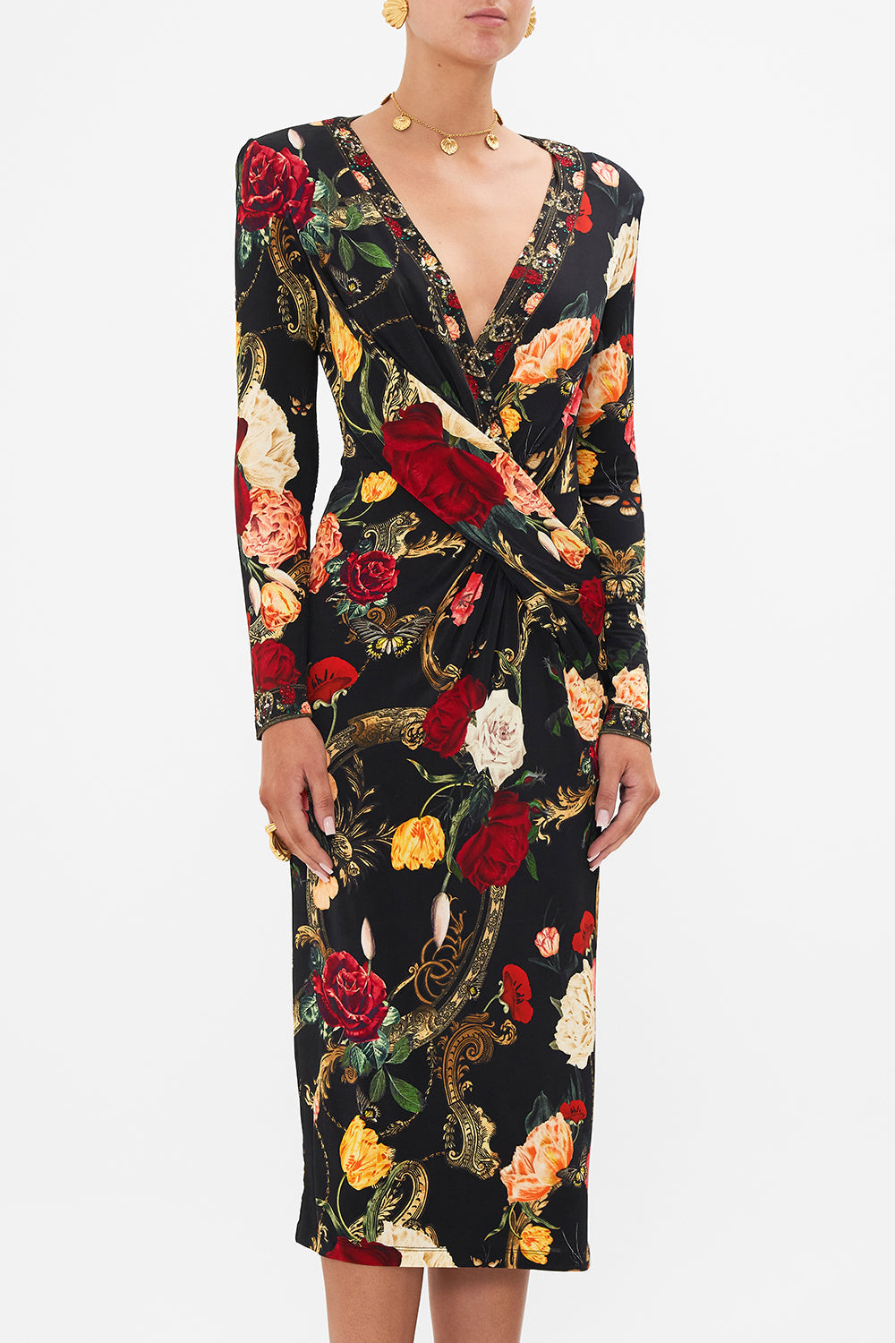 CAMILLA Black V-Neck Midi Cross Front Dress in Magic in the Manuscripts