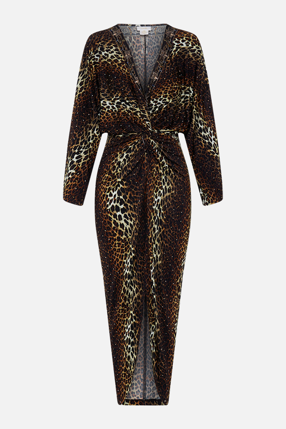 CAMILLA leopard long split-front twist dress in Amsterglam print.