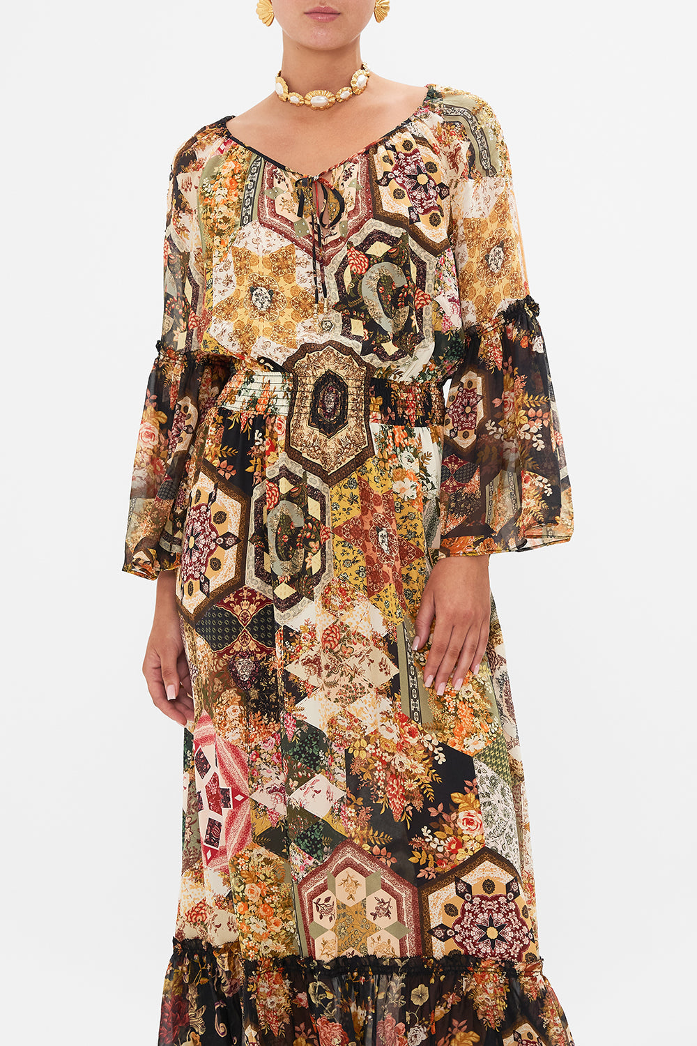 CAMILLA Floral Long Dress With Gathered Bell Sleeve in Stitched In Time print.