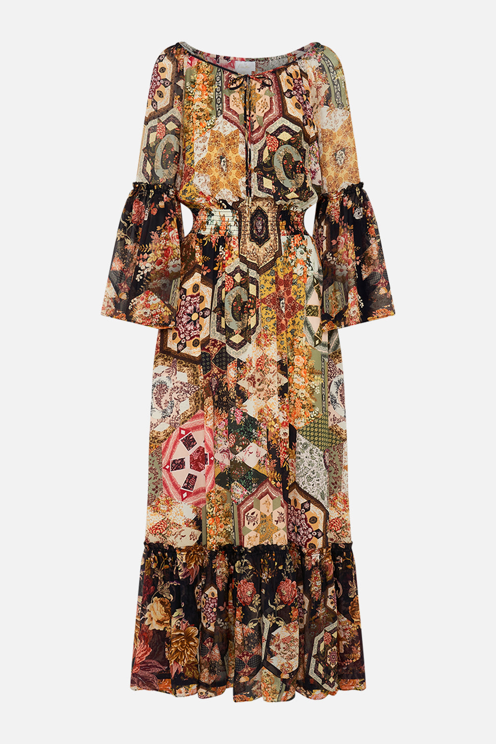 CAMILLA Floral Long Dress With Gathered Bell Sleeve in Stitched In Time print.