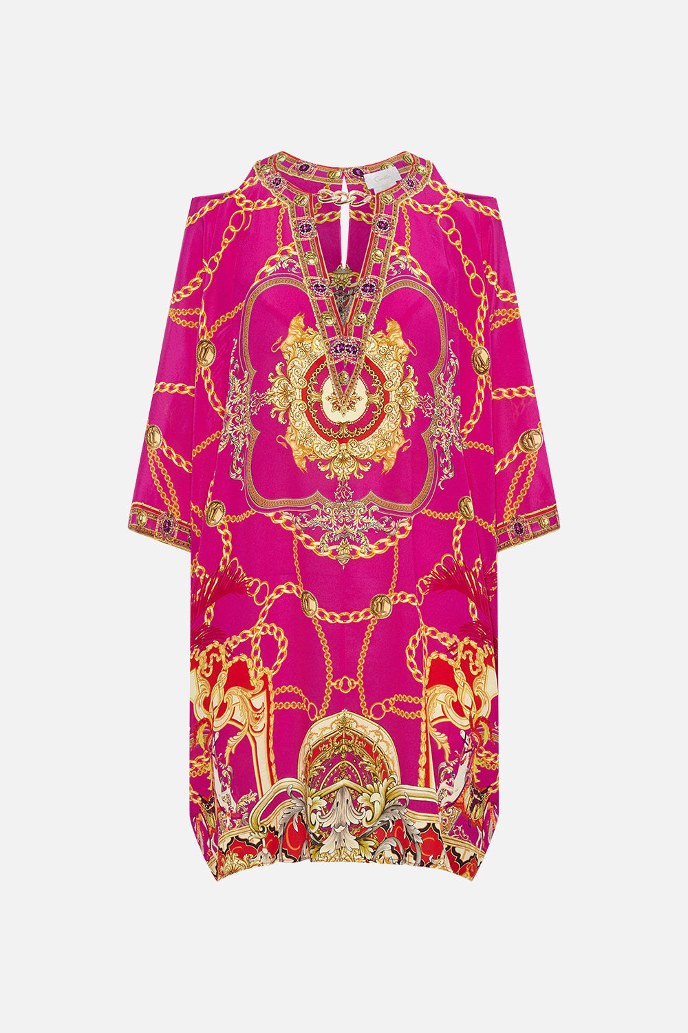 Front product view of CAMILLA pink silk kaftan in Wild And Running print