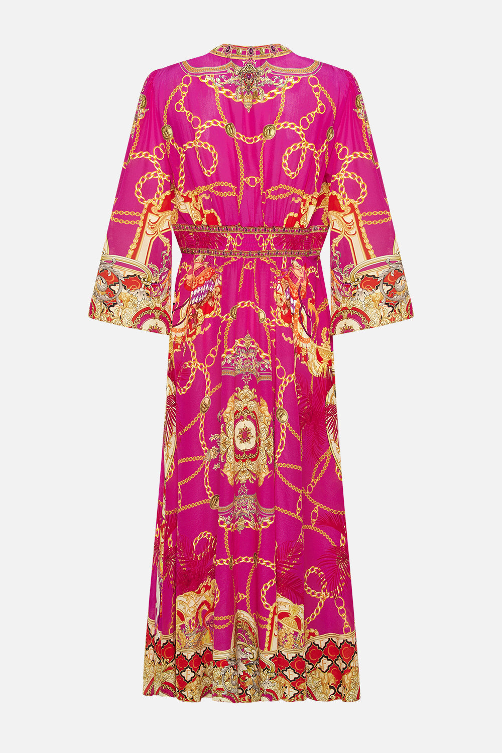 Detail view of model wearing CAMILLA pink silk maxi dress in Wild And Running print