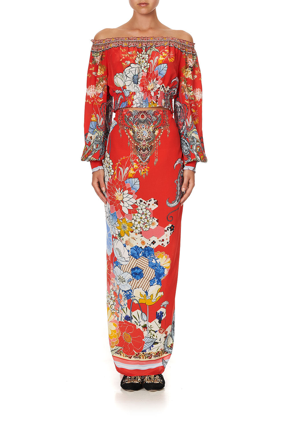 SHIRRED WAIST TOP PAISLEY IN PATCHES