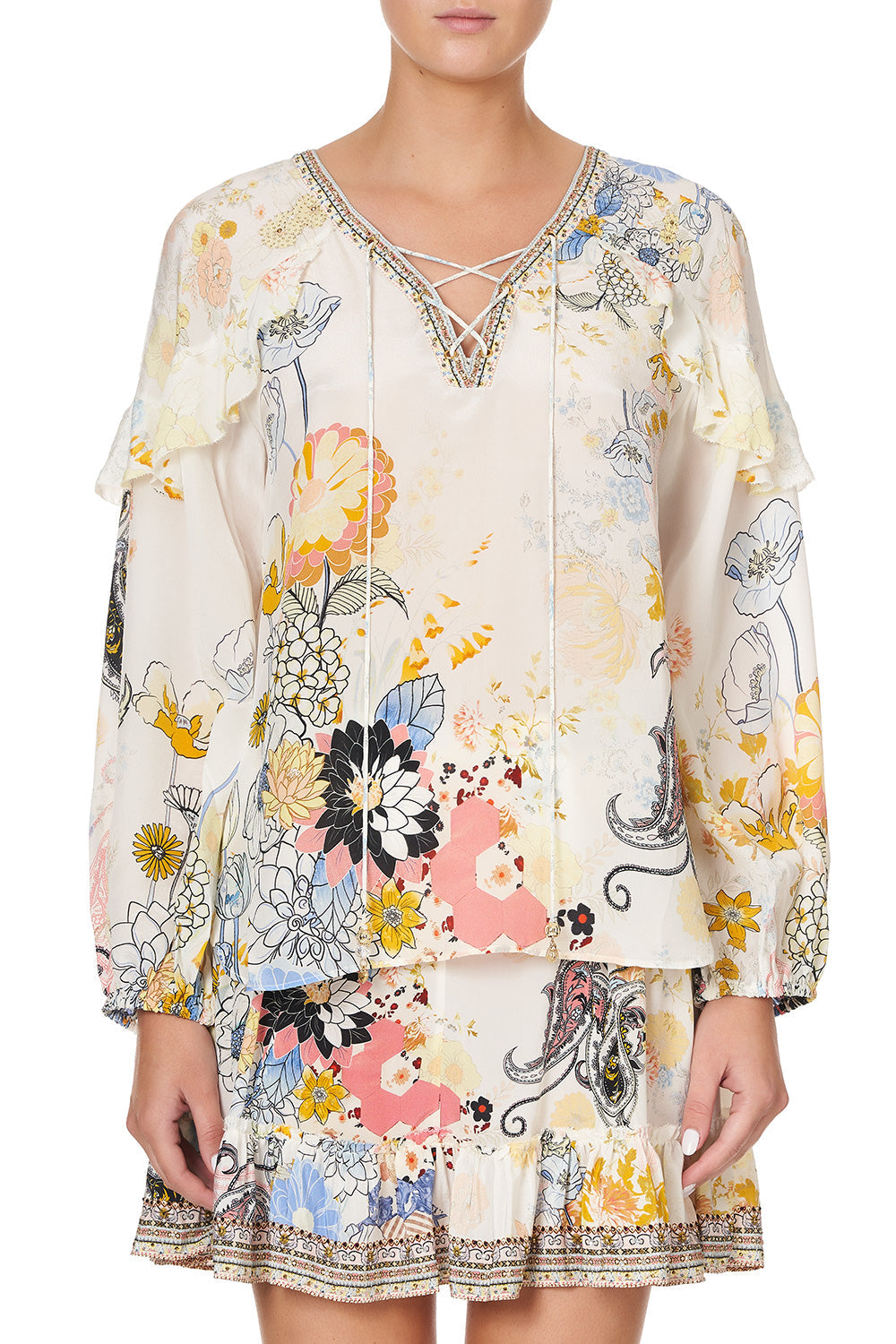 BLOUSON SLEEVE LACE UP BLOUSE BRITAIN BOUQUET