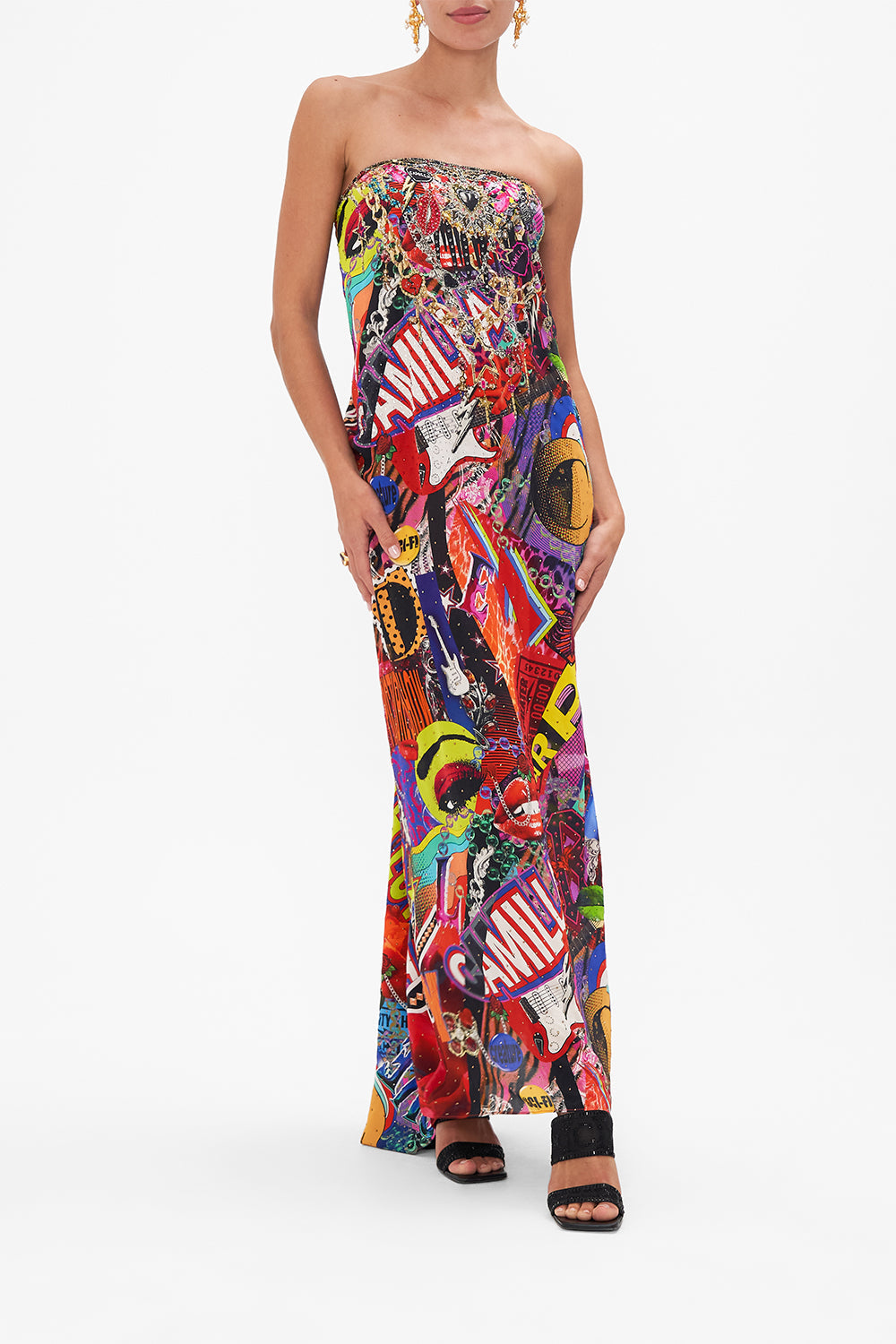 Front styled view of model wearing CAMILLA silk kaftan in multicoloured Radical Rebirth print