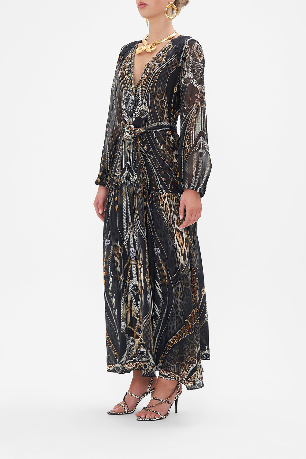 Side view of model wearing CAMILLA silk maxi dress in Chaos In The Cosmos animal print