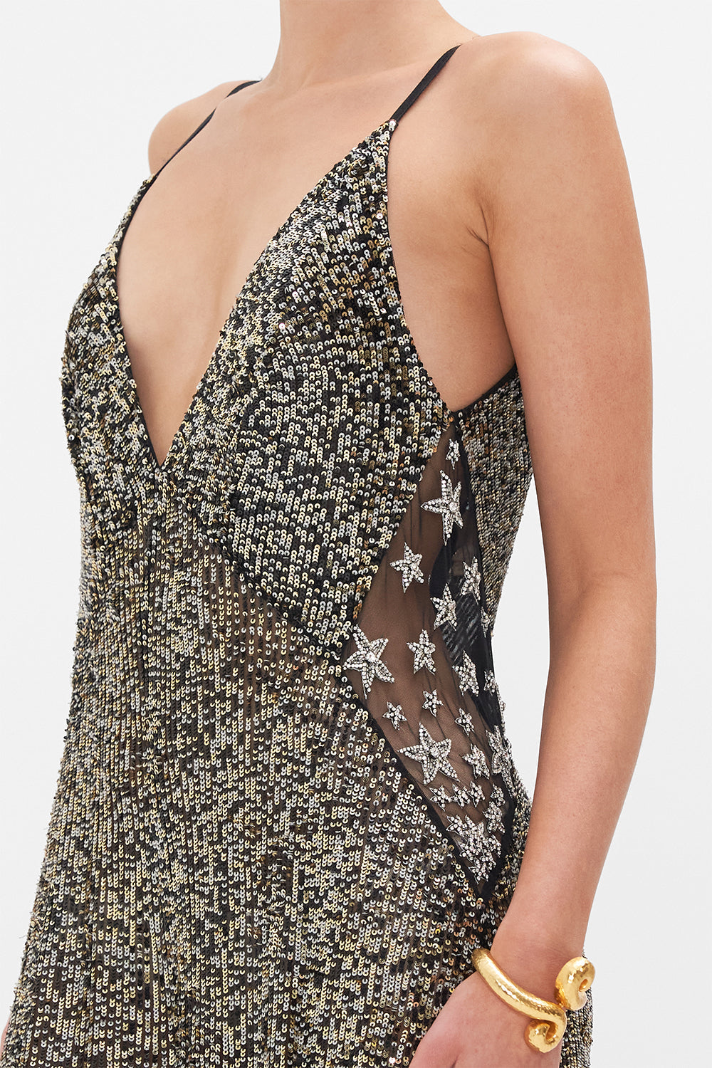 Detail view of model wearing CAMILLA sequinned jumpsuit in Chaos In The Cosmos