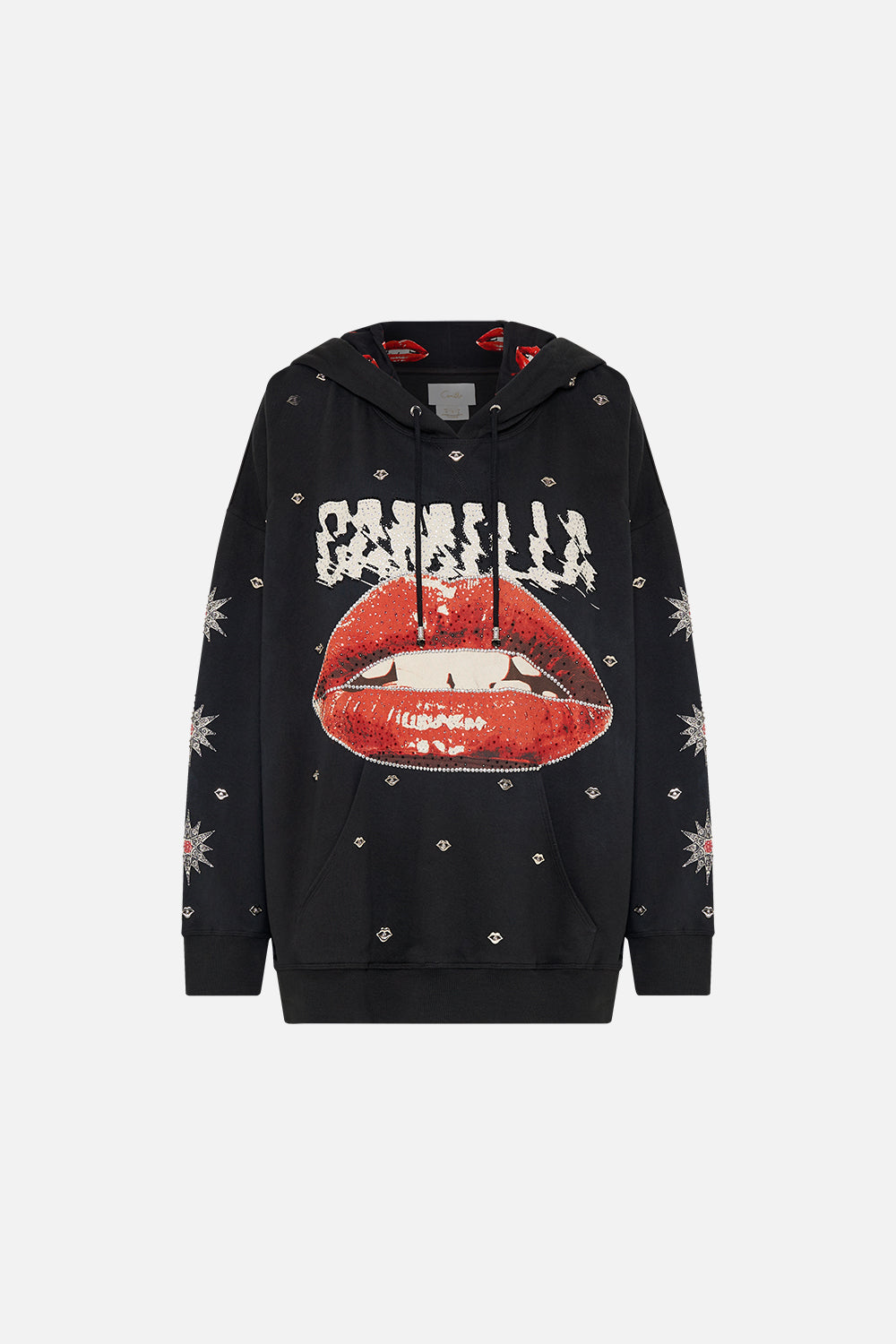 Product view of CAMILLA black oversized hoodie in Chaos Magic print
