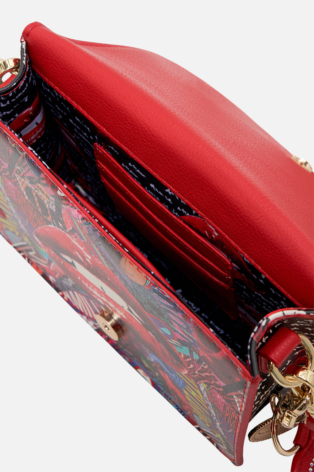 Inside view CAMILLA cross body bag in multicoloured Radical Rebirth print