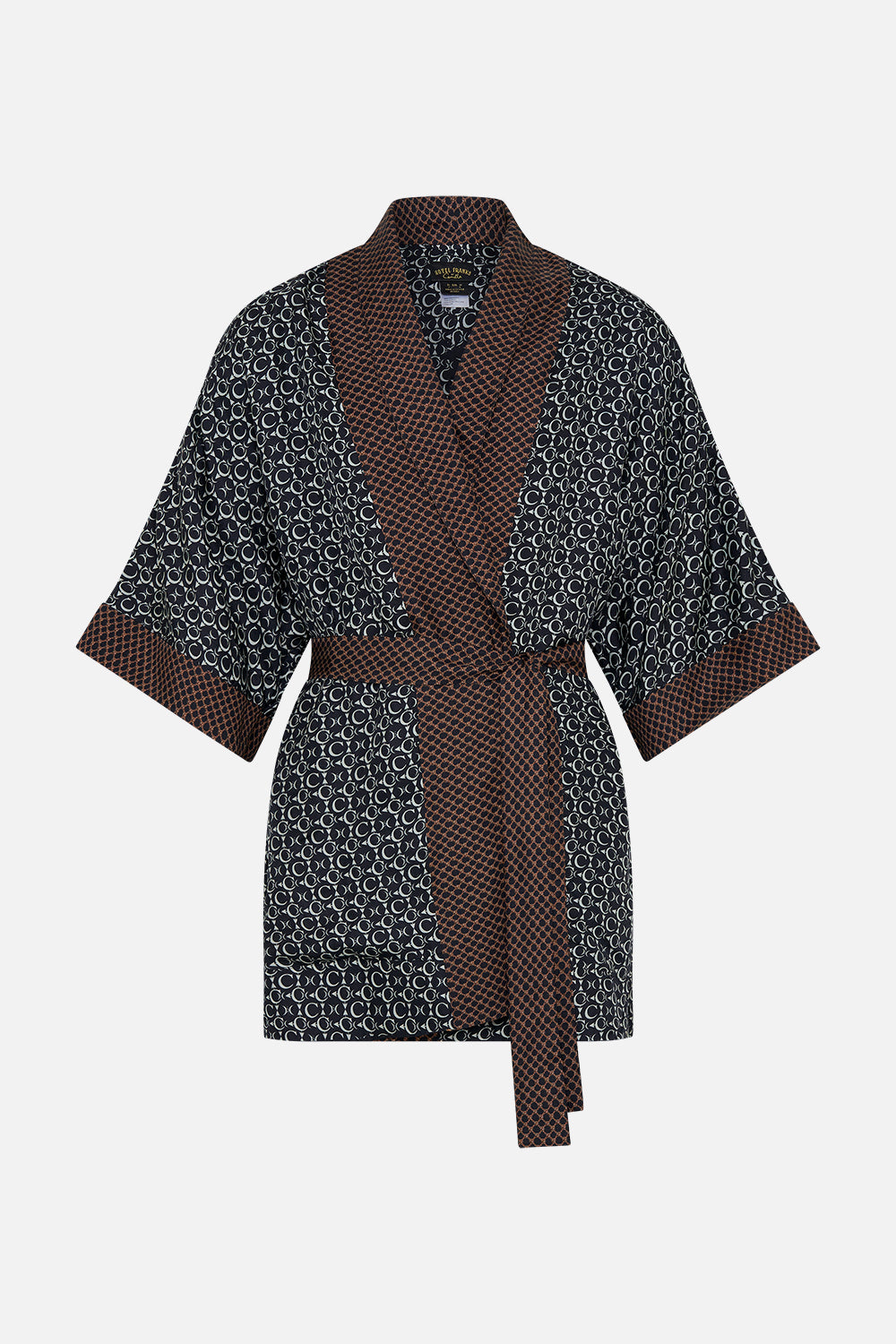 Reversed product view of Hotel Franks by CAMILLA mens silk robe in Chaos In The Cosmos animal print