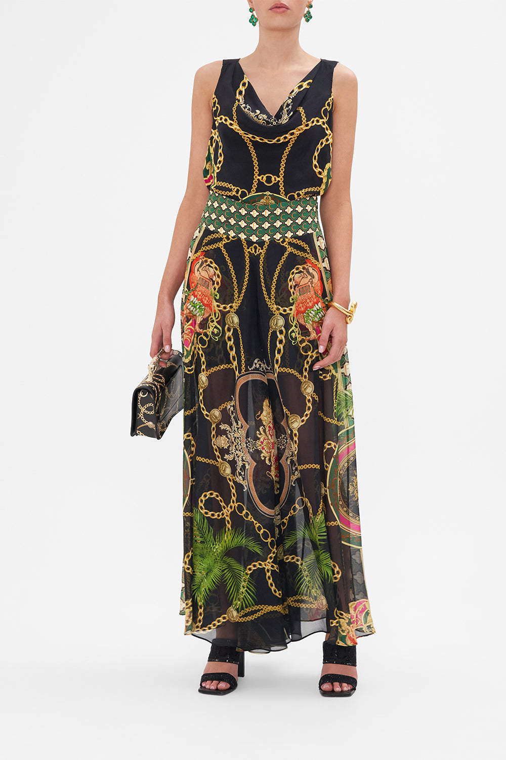 Front view of model wearing CAMILLA black silk palazzo pants in Jealousy And Jewels print
