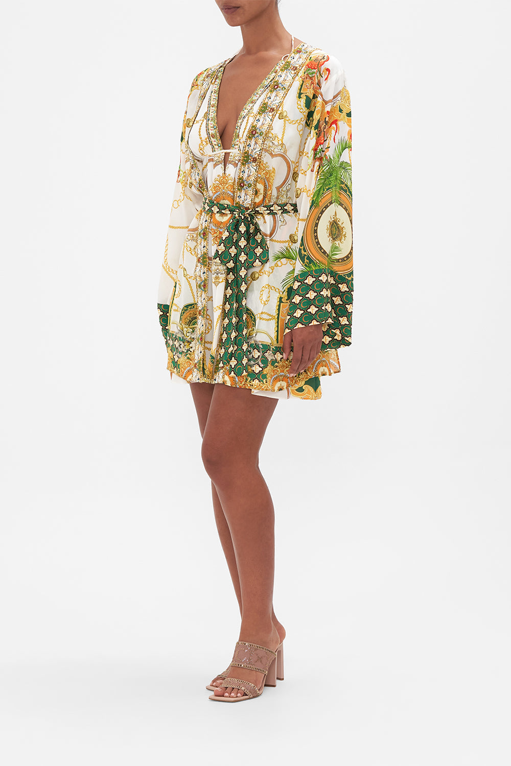 Side view of model wearing CAMILLA silk kimono in My Sweet Devotion print