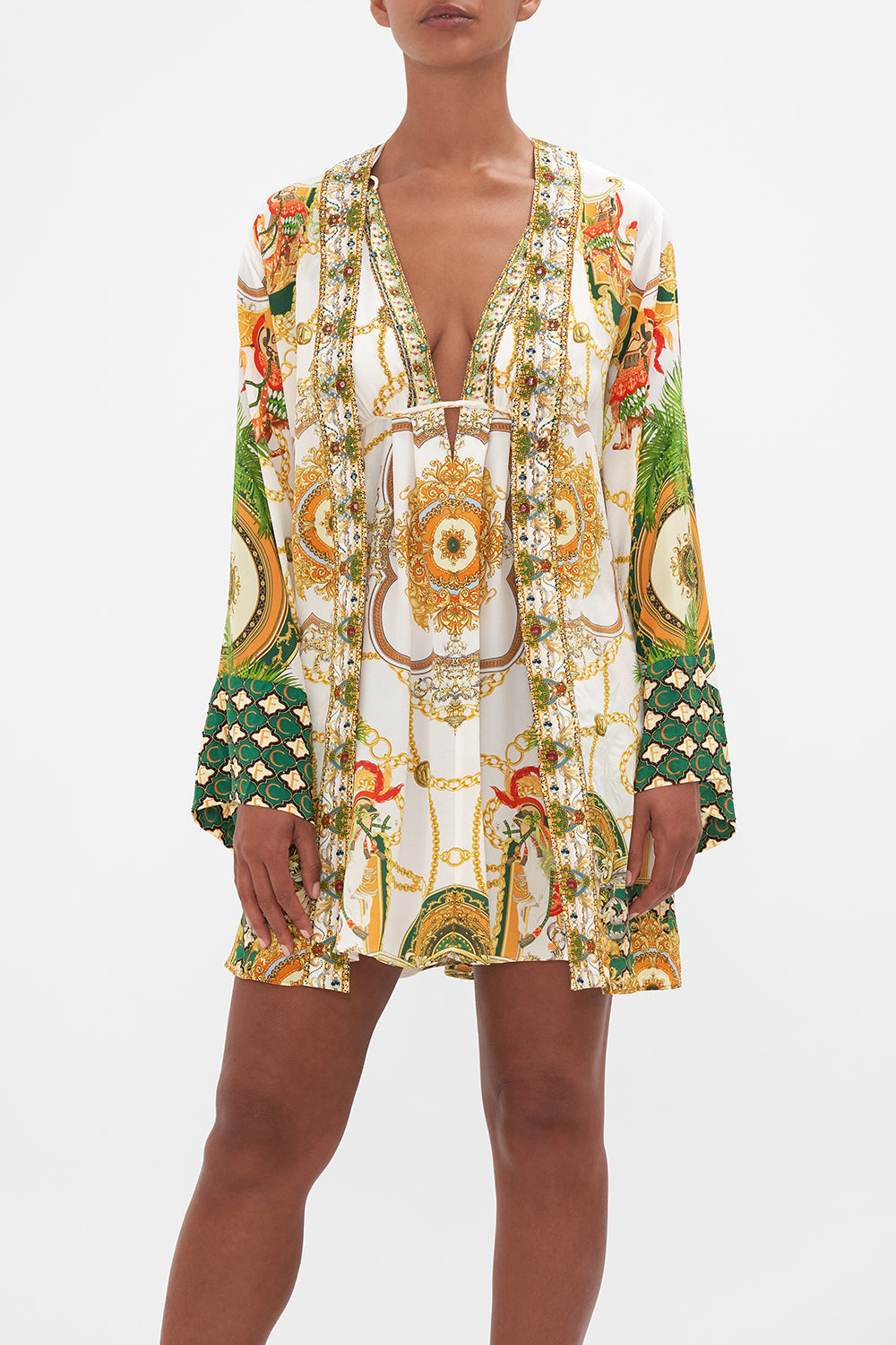 Crop view of model wearing CAMILLA silk kimono in My Sweet Devotion print