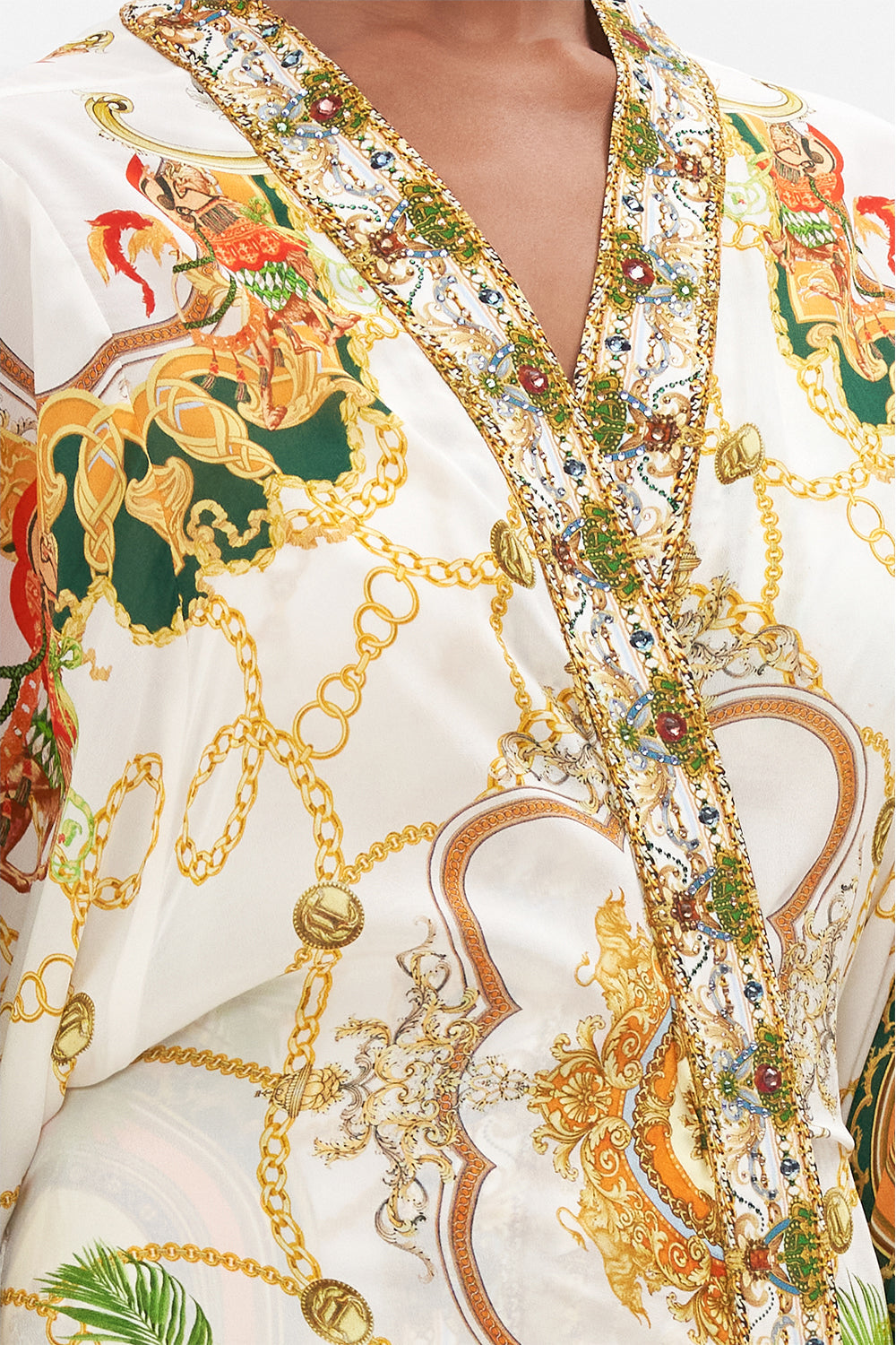 Detail view of model wearing CAMILLA silk kimono in My Sweet Devotion print