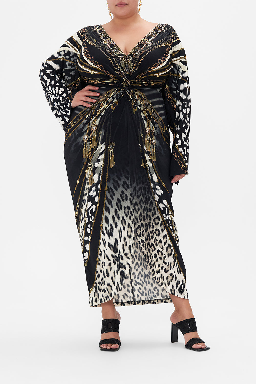 Front view of curvy model wearing CAMILLA plus size jersey maxi dress in Untamed Royalty print