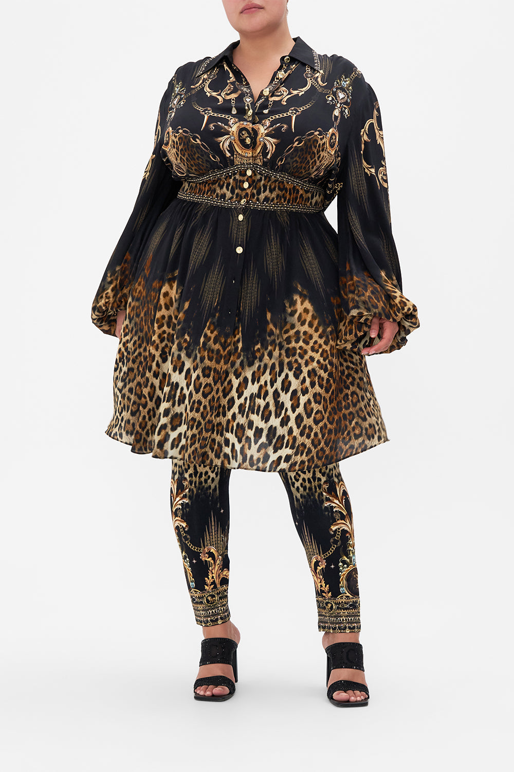 Front view of curvy model wearing CAMILLA plus size leopard print leggings in Jungle Dreaming print