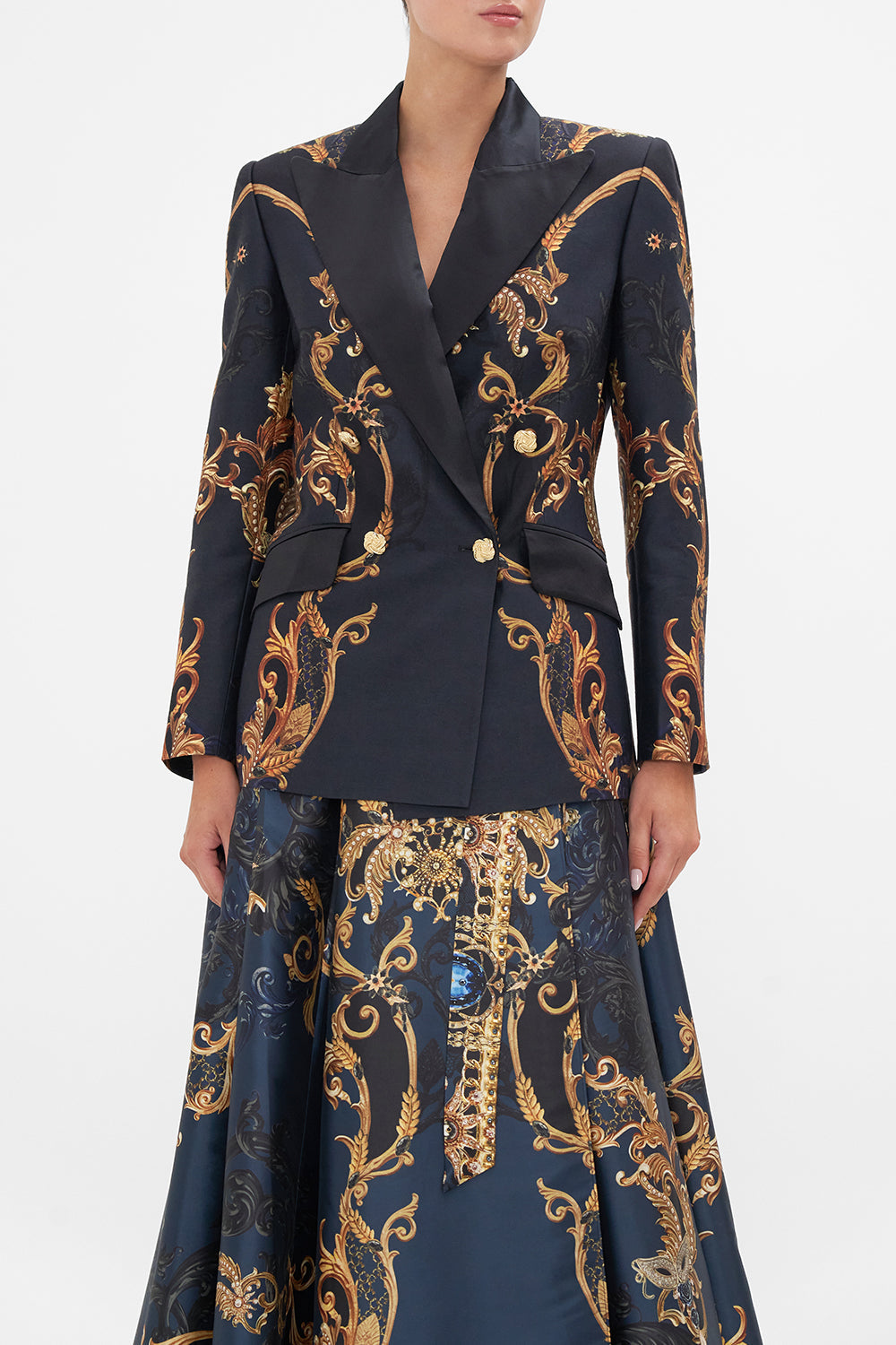 Crop view model wearing of CAMILLA silk wool blazer jacket in Moonlight Melodies print