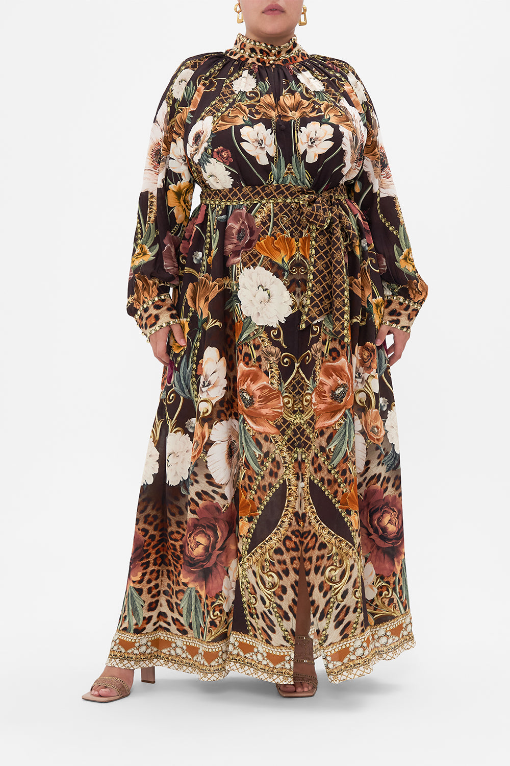 Front view of curvy model wearing CAMILLA plus size floral silk maxi dress in Wave Your Wand print