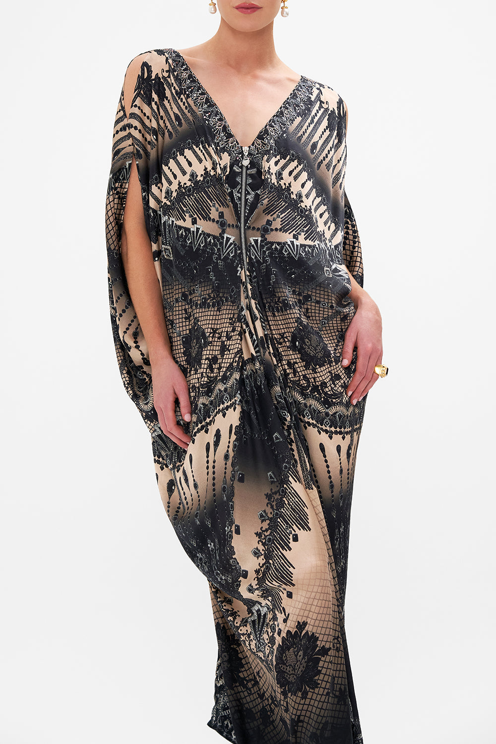 LONG DRAPE DRESS WITH ZIP FRONT CURTAIN CALL CHAOS