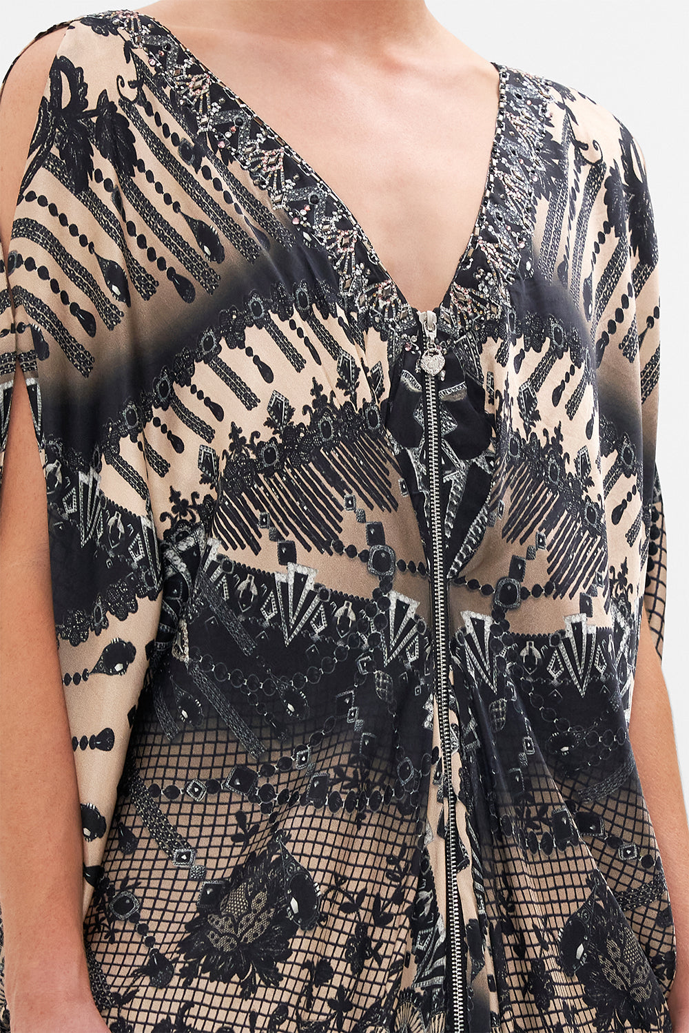 LONG DRAPE DRESS WITH ZIP FRONT CURTAIN CALL CHAOS