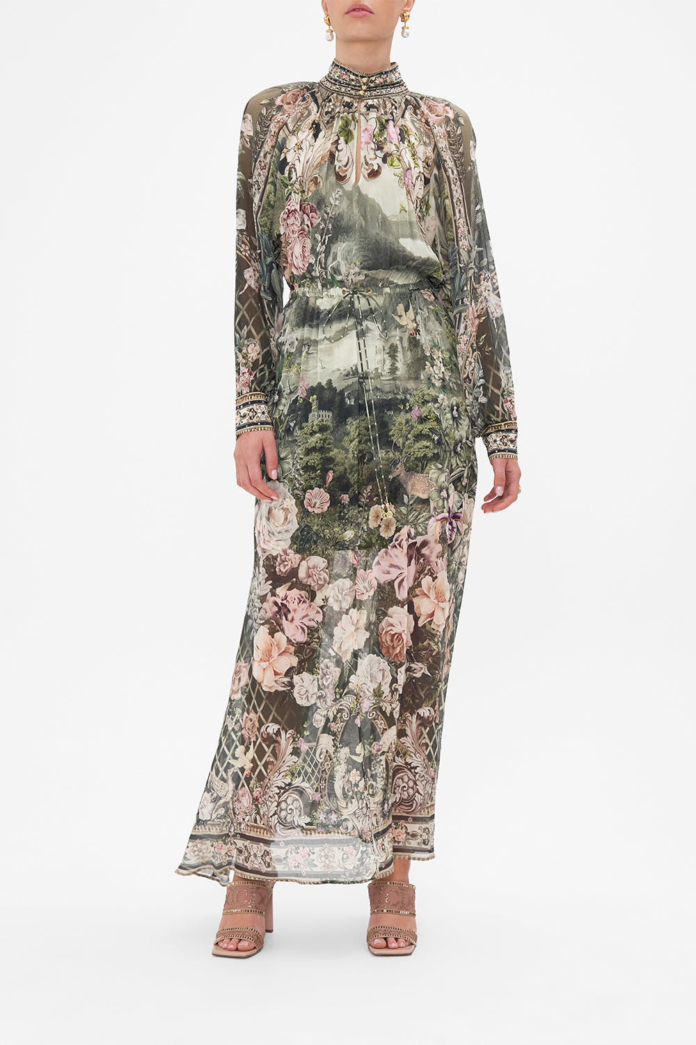 Front view of model wearing CAMILLA green silk floral maxi dress in Garden Of Good Fortune print
