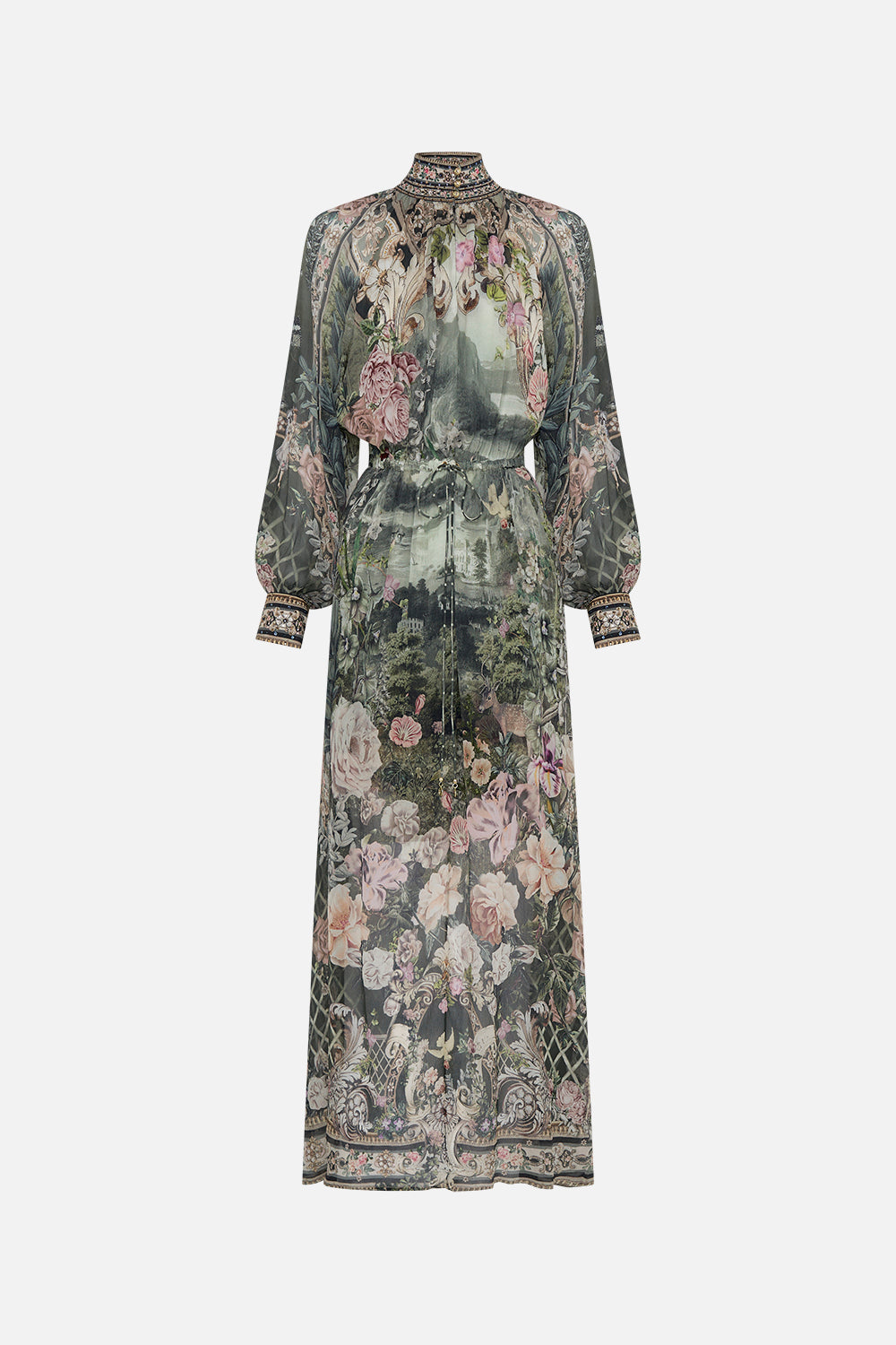 Product view of CAMILLA green silk floral maxi dress in Garden Of Good Fortune print