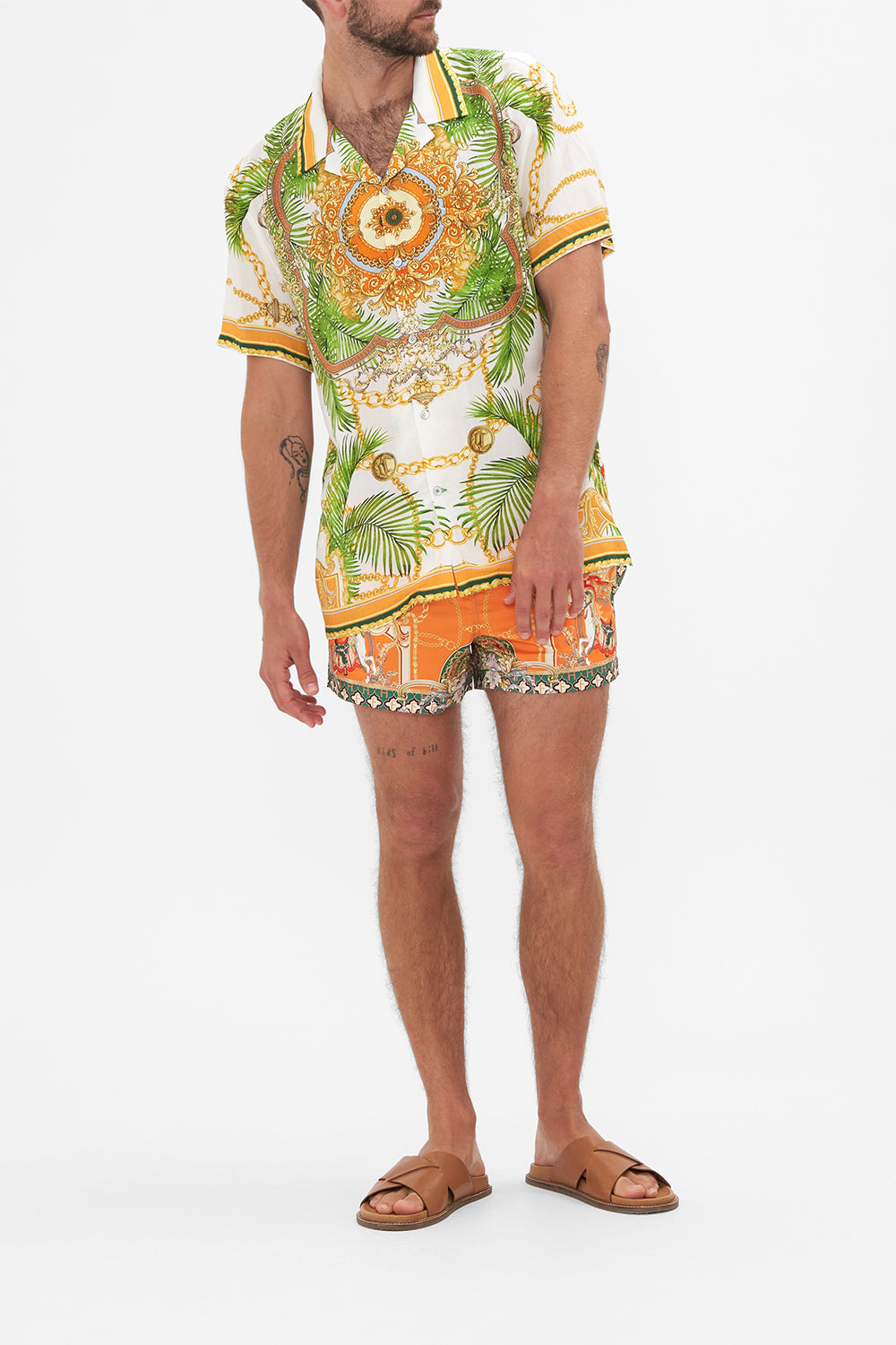 Front view of model wearing Hotel Franks by CAMILLA mens white short sleeve shirt in My Sweet Devotion print