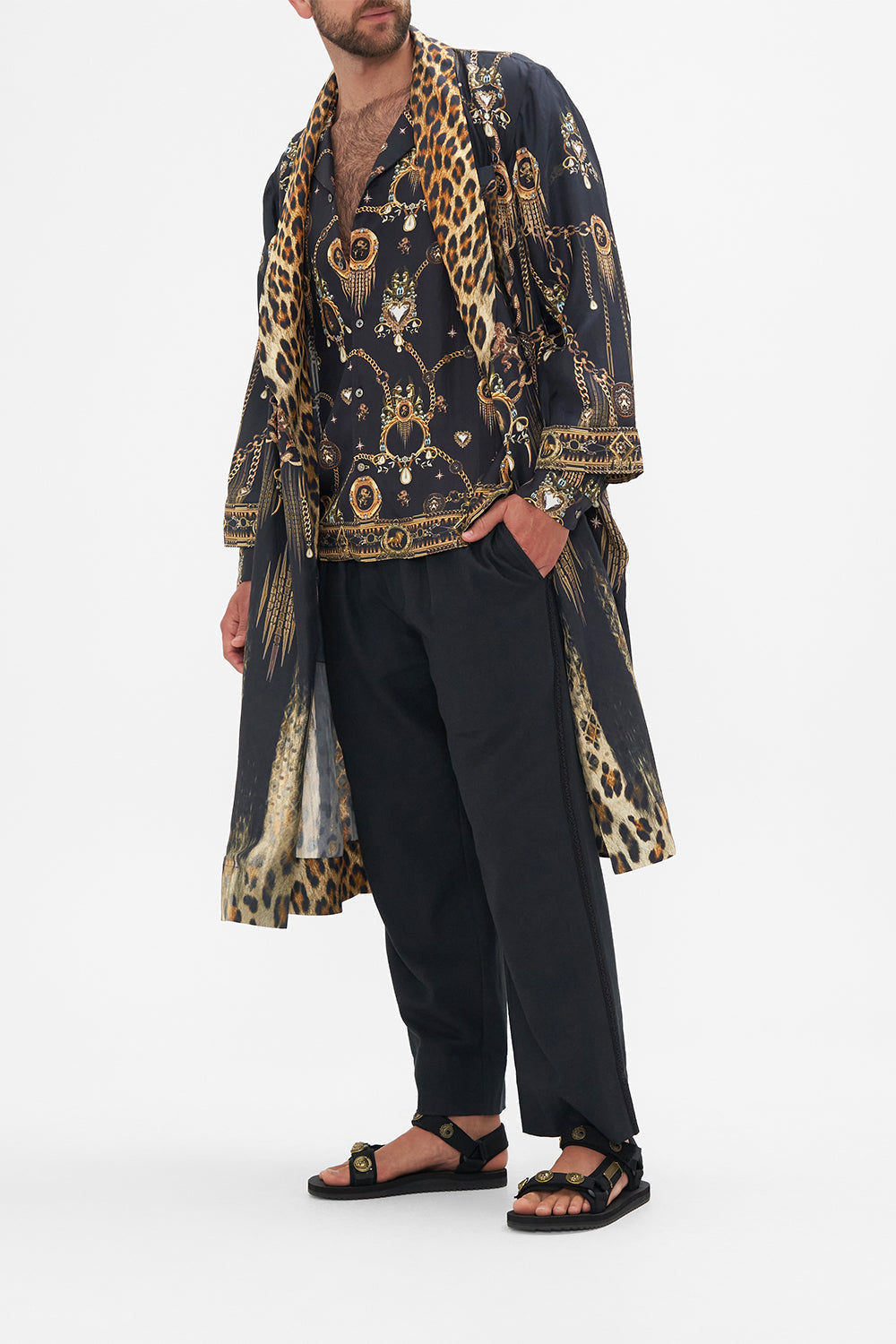 Side view of model wearing Hotel Franks by CAMILLA mens black silk robe in Jungle Dreaming print