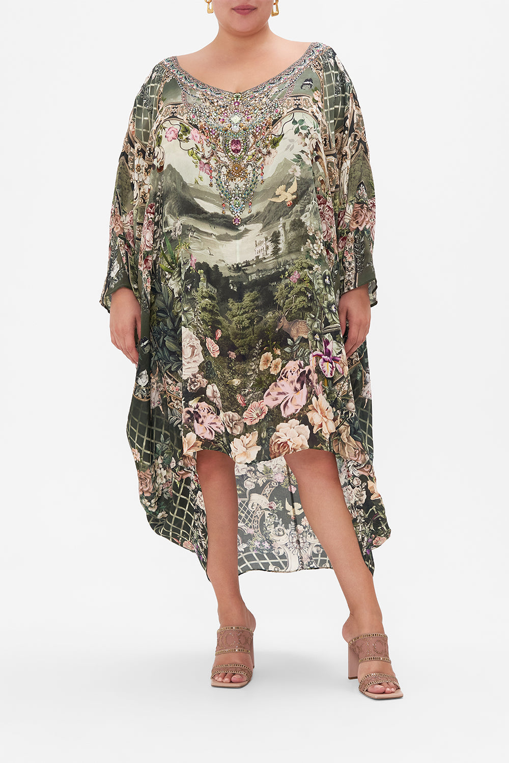 Front view of curvy model wearing CAMILLA plus size silk tunic dress in Garden of Good Fortune print